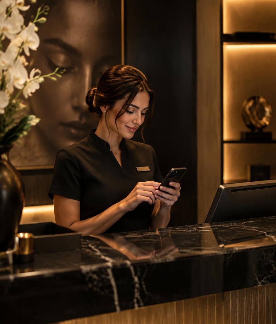 Recepcionista respondendo paciente